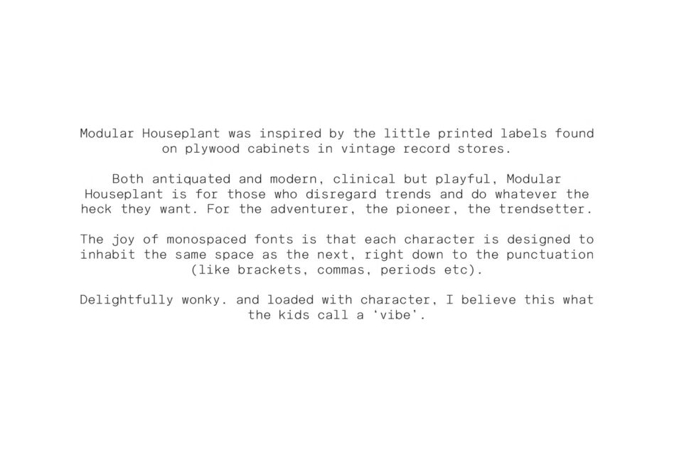Monospaced font description focusing on design inspiration from vintage record store labels. Ideal for trendsetting designers. Typography asset.