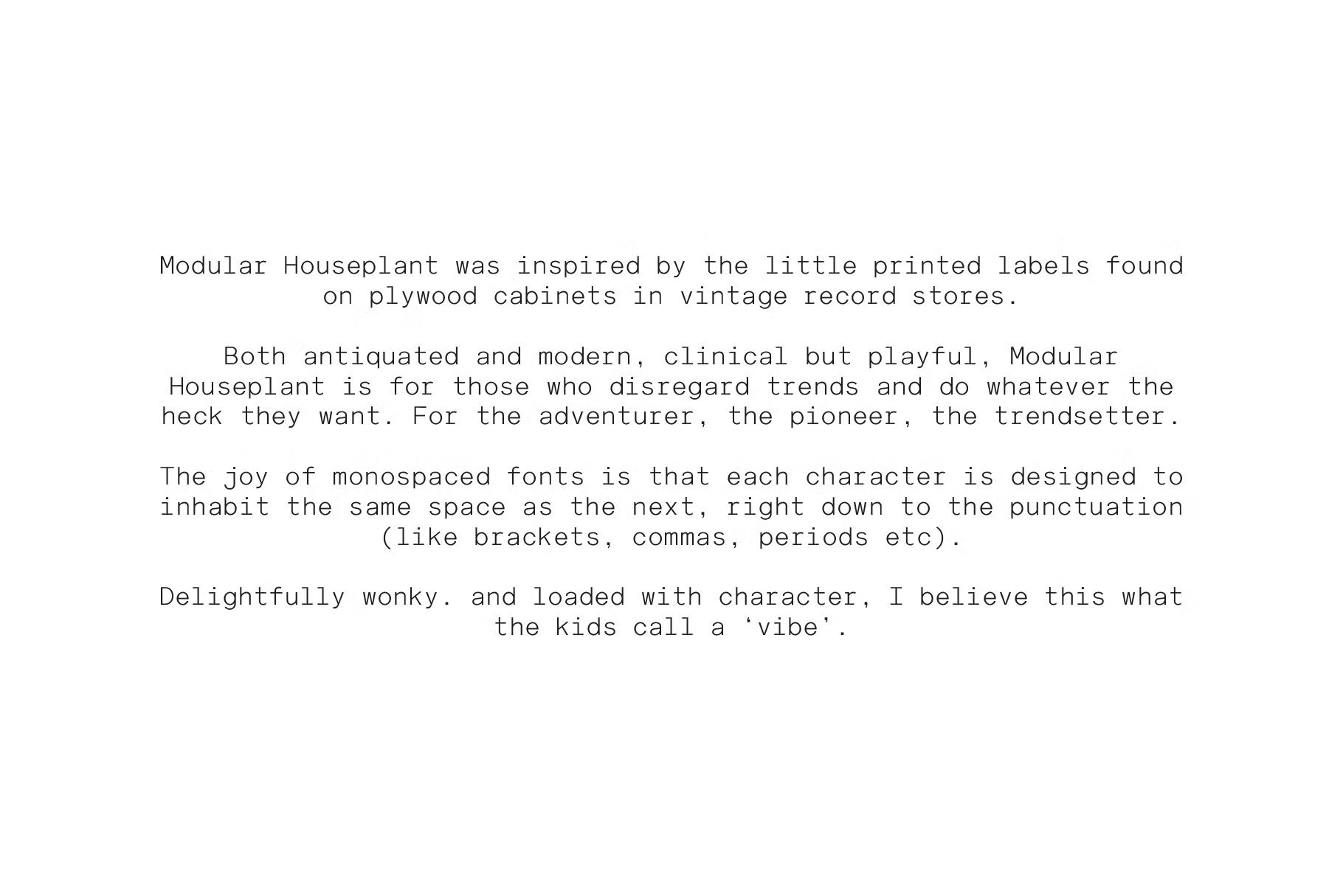 Monospaced font description focusing on design inspiration from vintage record store labels. Ideal for trendsetting designers. Typography asset.