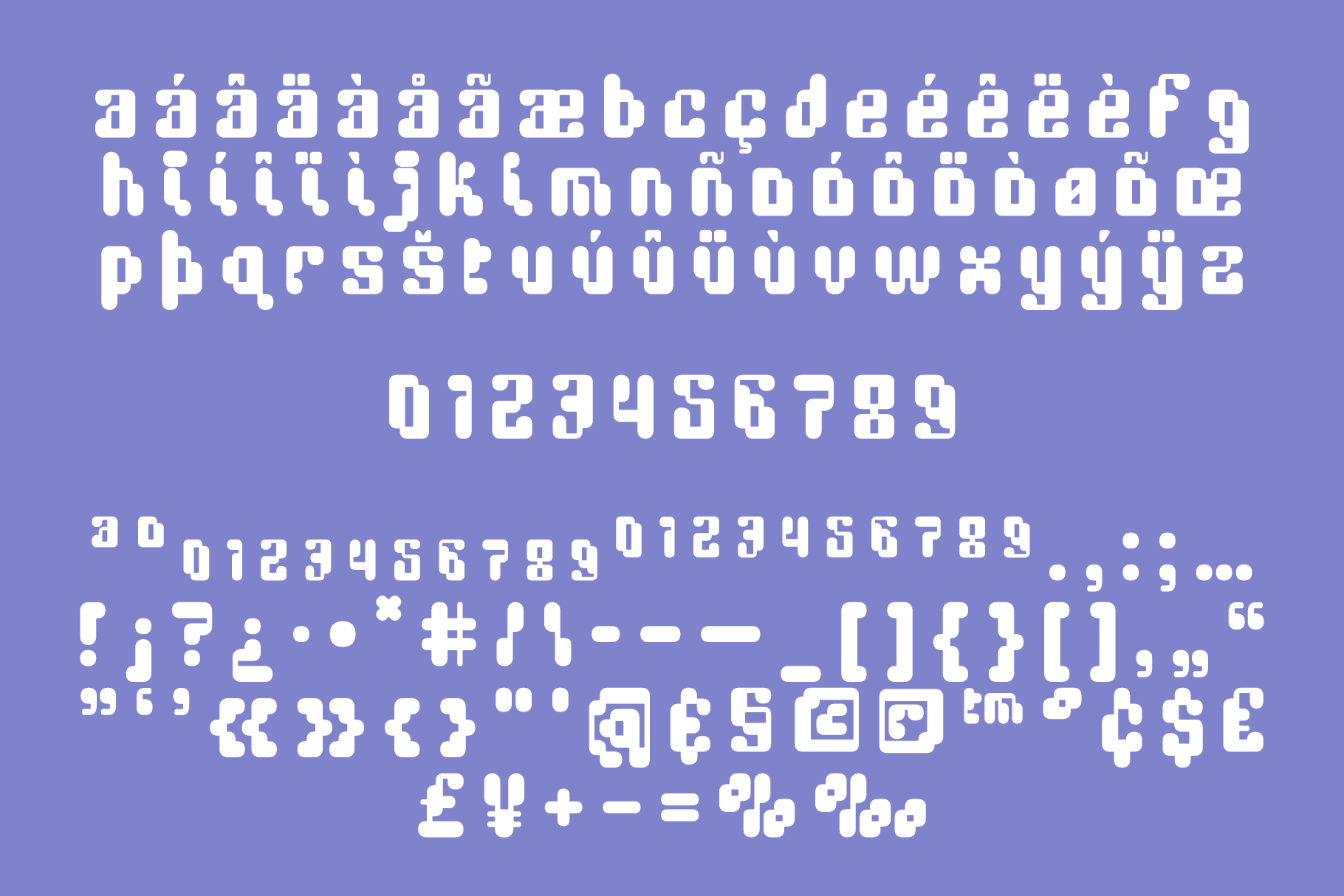 Creative blocky font featuring letters numbers symbols on purple background ideal for designers looking for unique typography digital assets graphic design