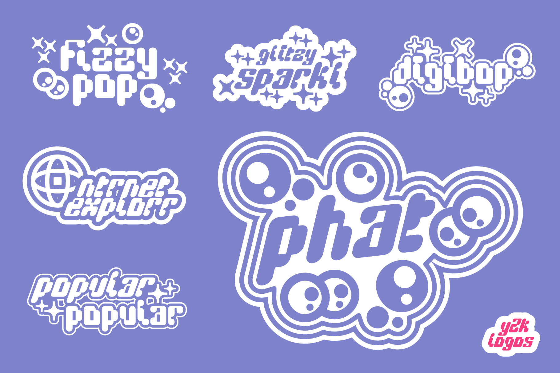 Retro logo collection featuring playful bubble text on purple background. Perfect for designers seeking Y2K graphics and creative typography templates.