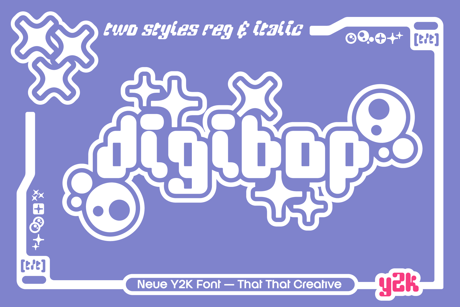 Bold Y2K style font design featuring regular and italic styles in a vibrant purple theme suitable for digital asset designers seeking unique typography.