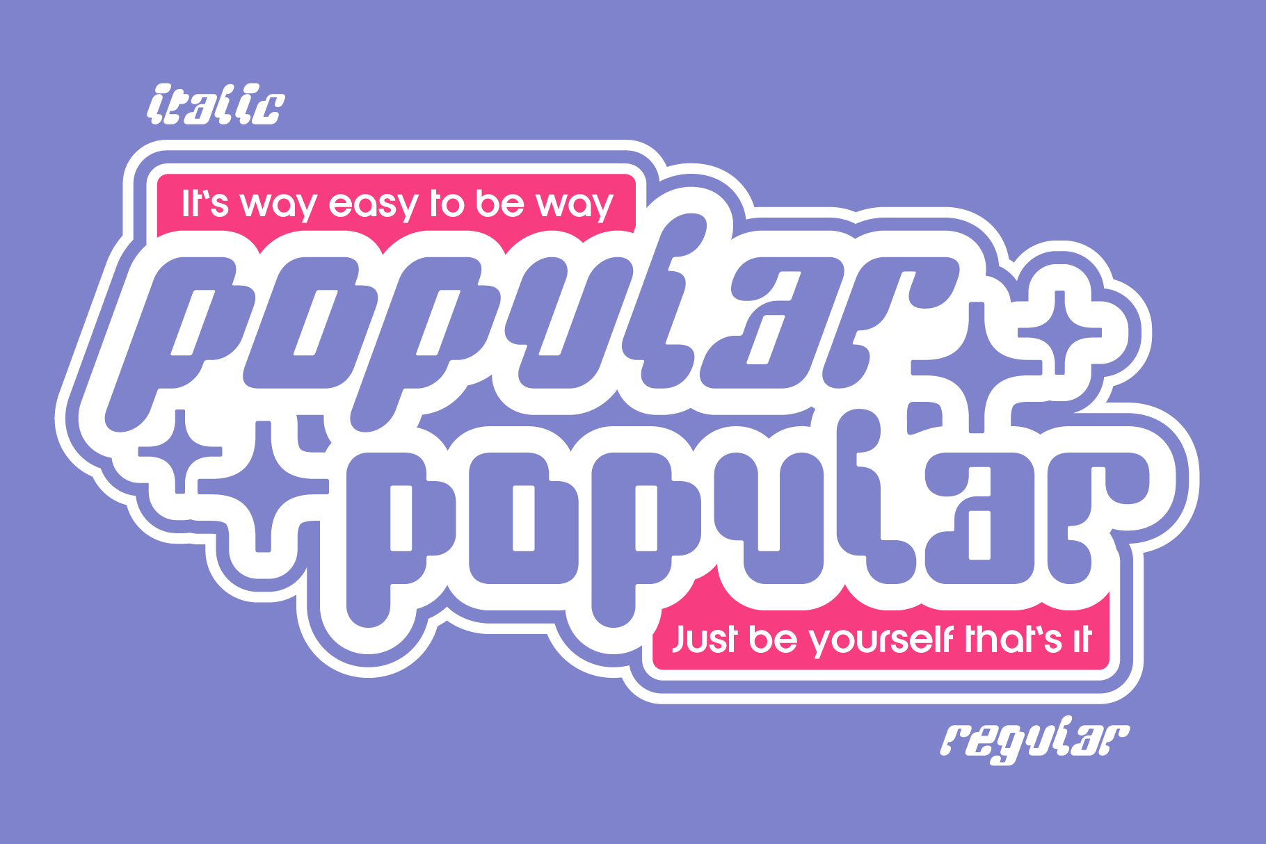 Typography design displaying the word popular in retro style with bold outlines and sparkles. Includes italic and regular fonts for designers. Graphic asset.