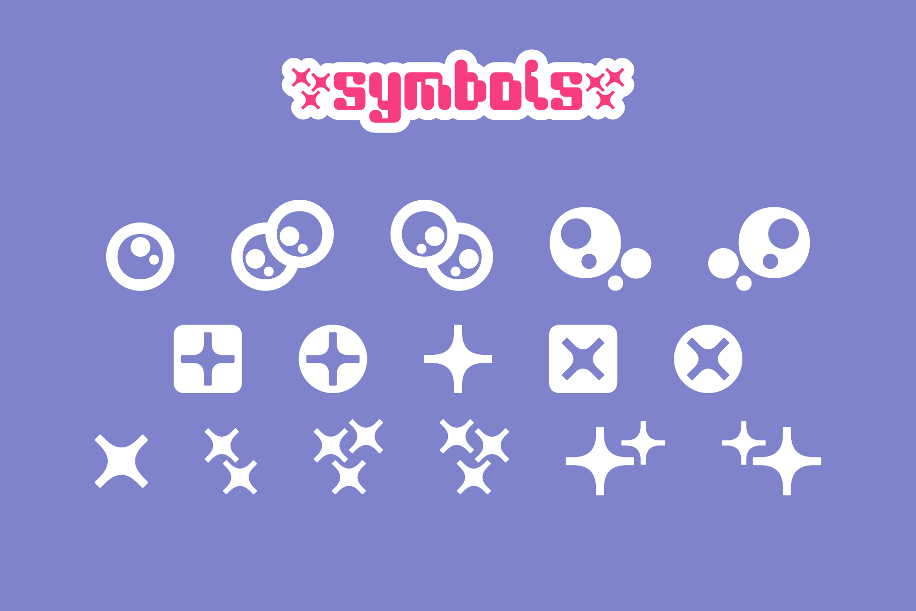 Purple background with white geometric symbols, circles and stars. Perfect for graphics or templates. Ideal for creative designers seeking icons.