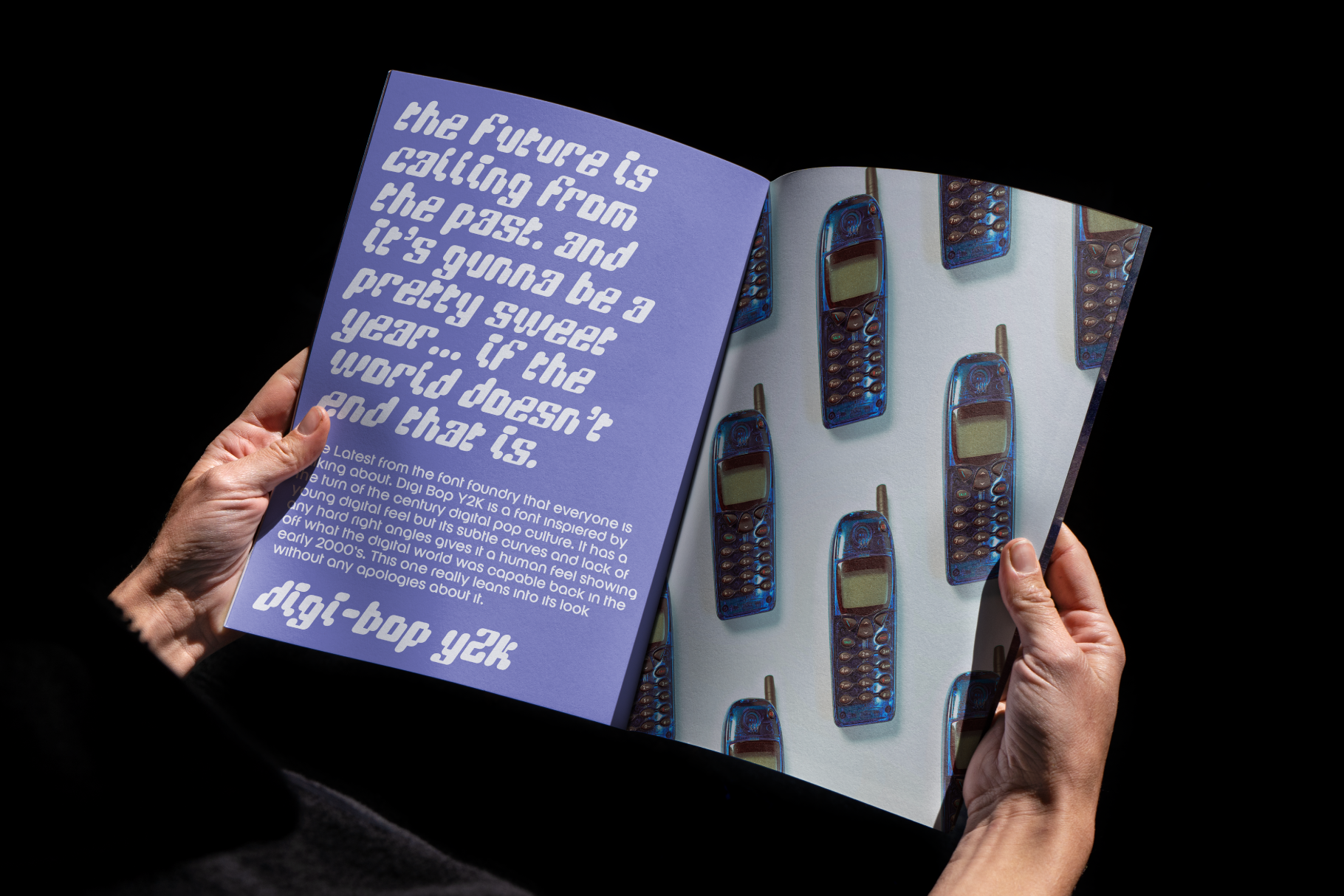 Open magazine mockup featuring retro fonts and vintage phone graphics ideal for designers. Modern Y2K aesthetic with bold typography and unique visuals.