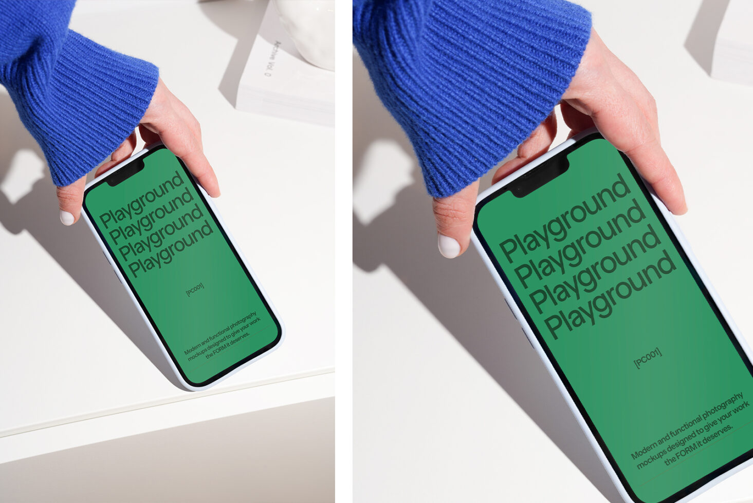 Mockup of hand holding smartphone with green screen displayed. Ideal for designers showcasing digital asset templates. High-quality photo, modern use.