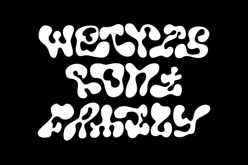 Three lines of organic wavy display type stacked in white on black