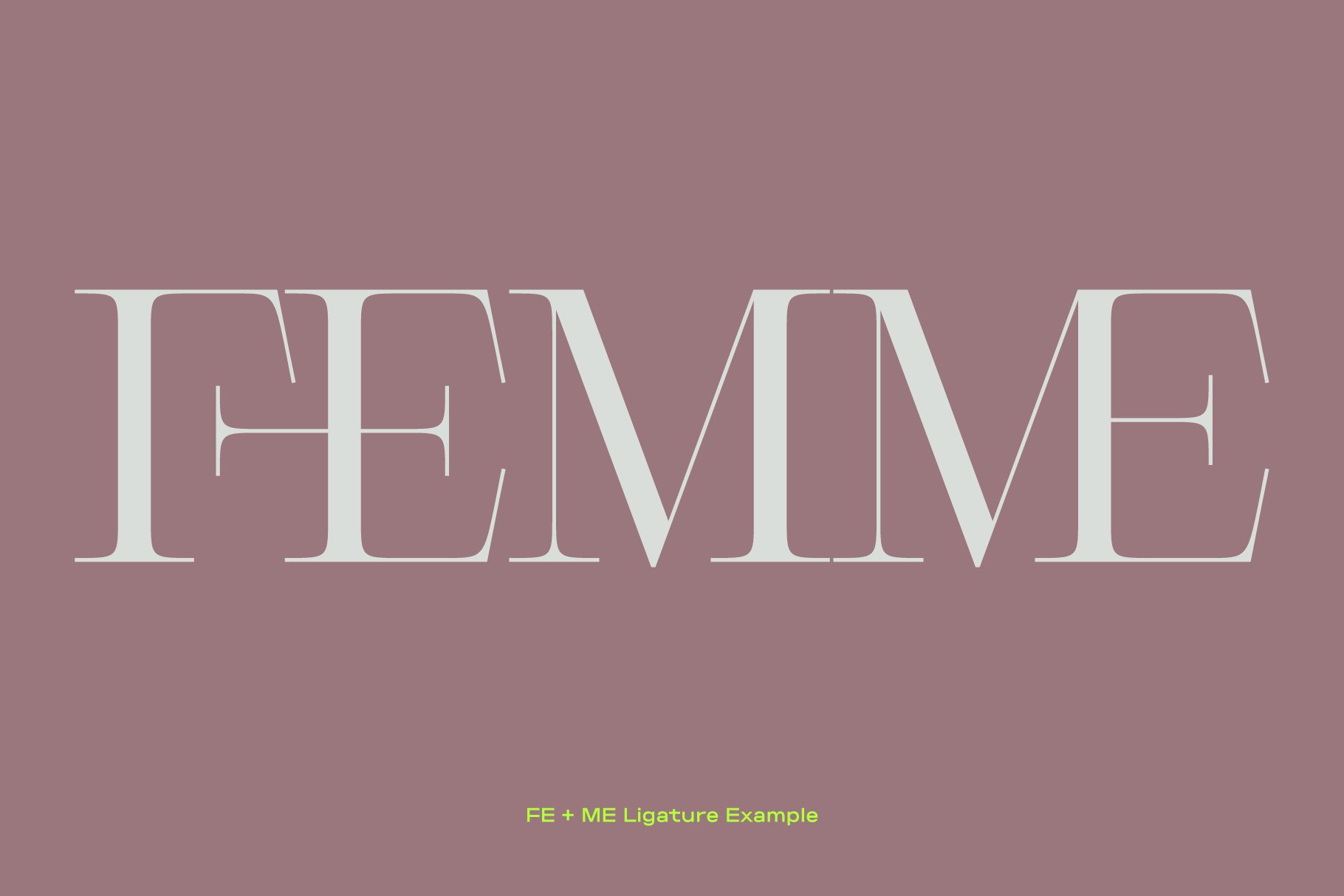 Elegant typography design featuring the word FEMME in a serif font showcasing ligature style. Ideal for designers seeking unique font graphics.