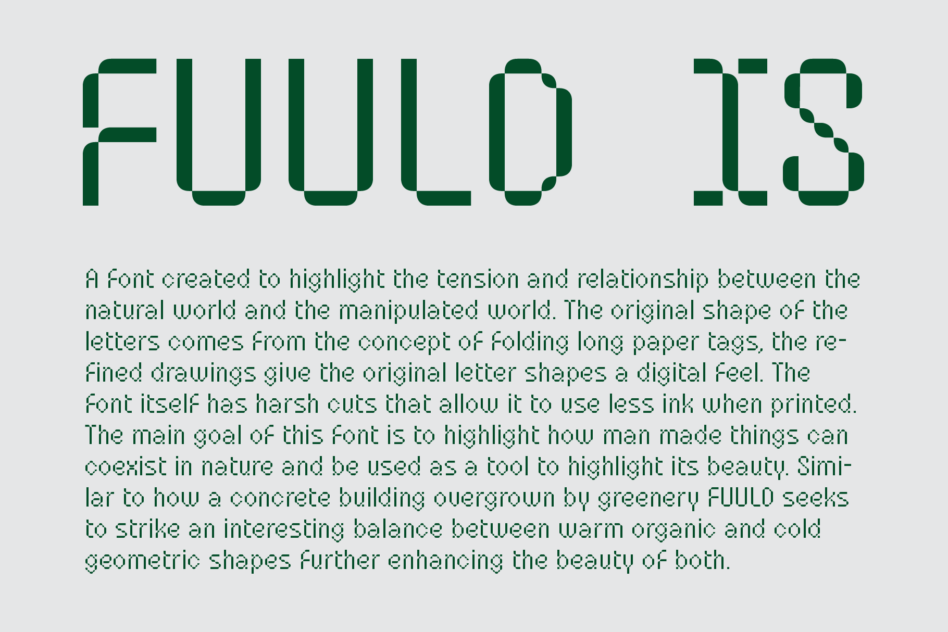 FUULD TS typeface specimen showing geometric shapes blending with organic curves