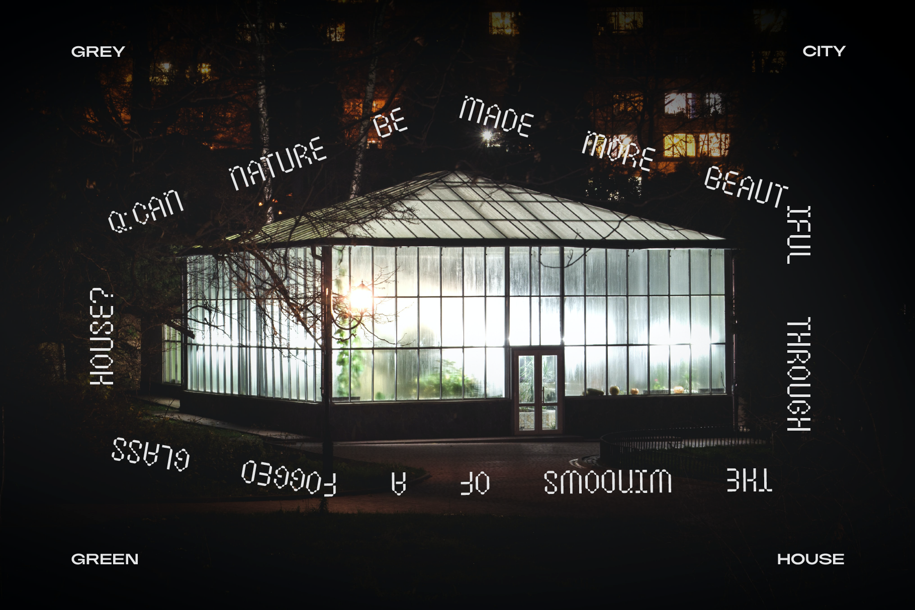 Greenhouse at night with illuminated windows and text overlay. Ideal for mockup design, typography inspiration, and urban nature-themed graphics.