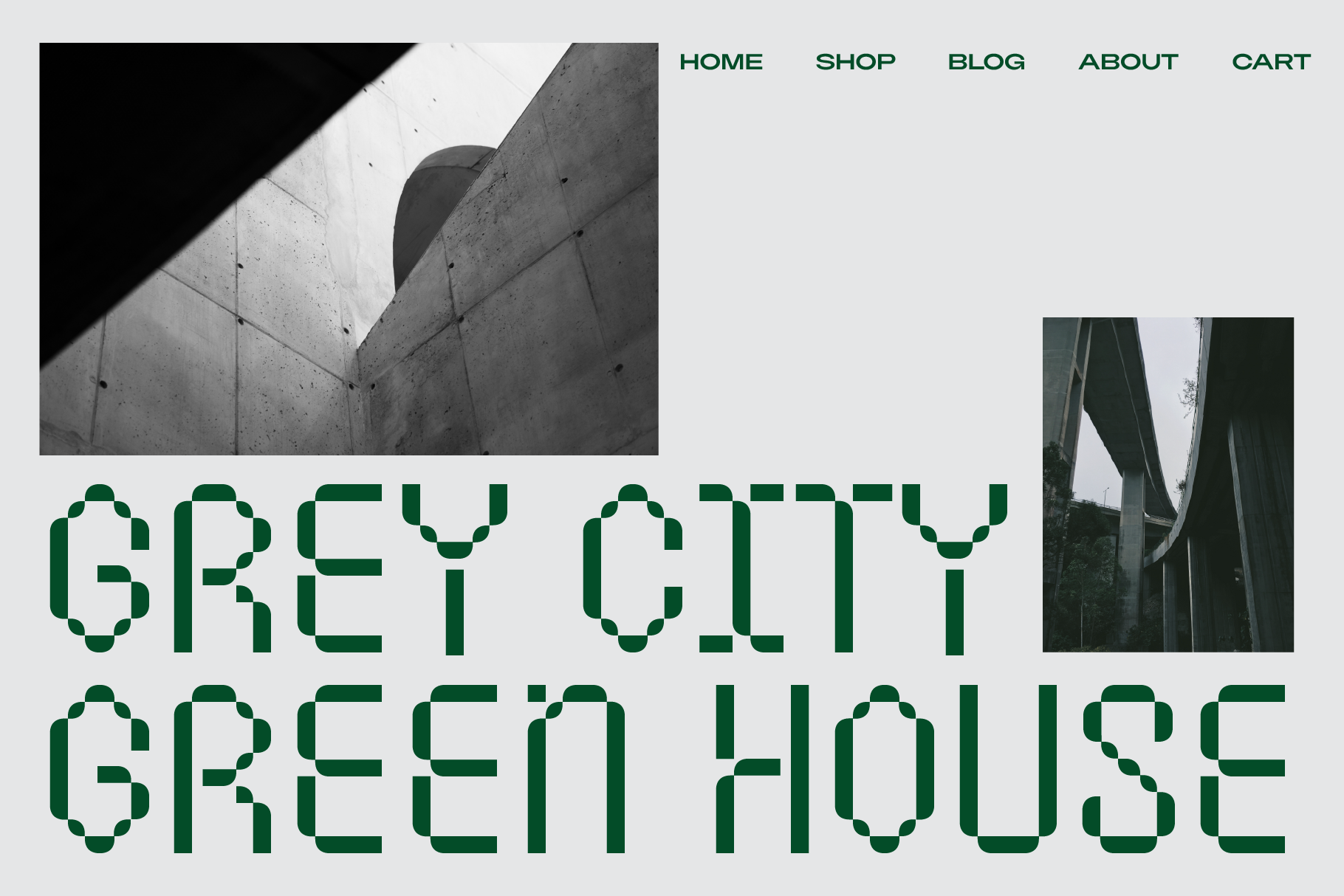Modern website template featuring bold typography Green House urban architecture grayscale photos for designers and creatives in graphics and mockups.