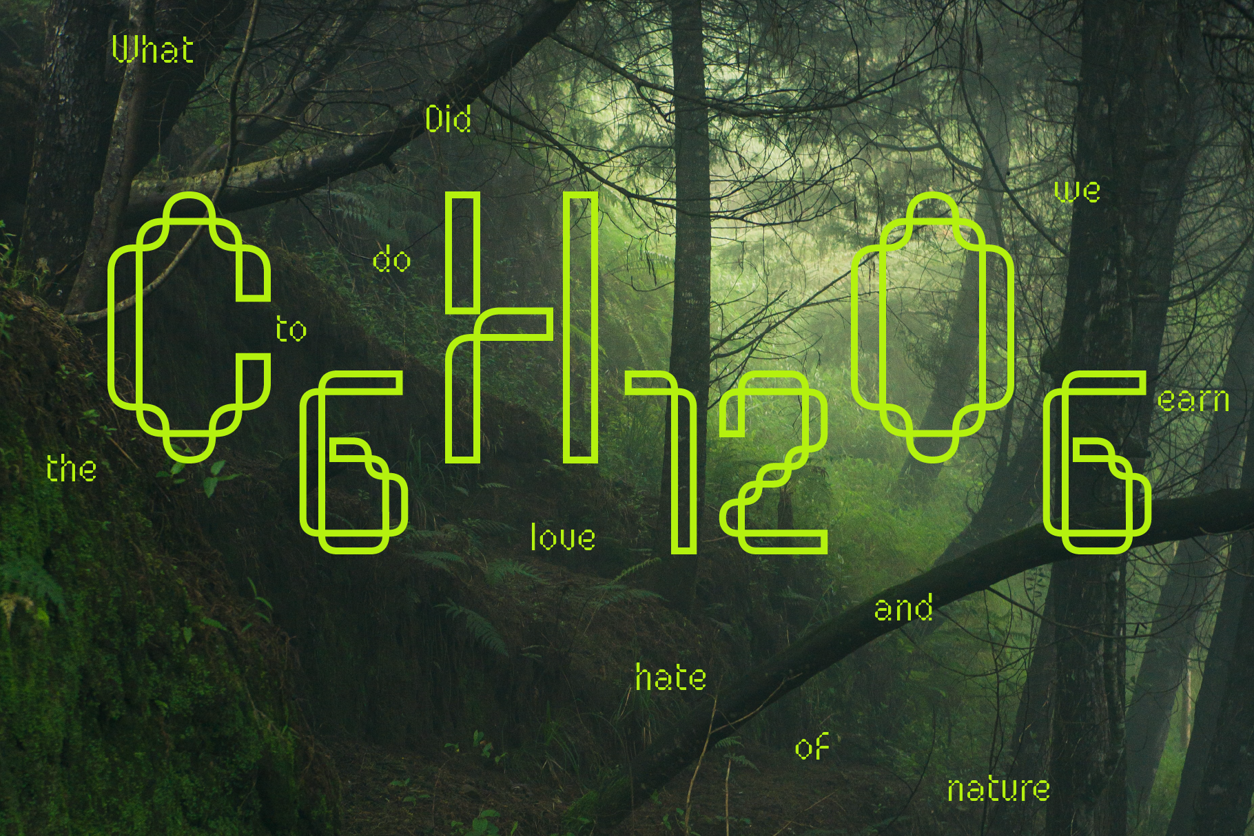 Stylized neon green font design over a misty forest background showcasing typography. Ideal for designers, typography lovers, and digital art projects.
