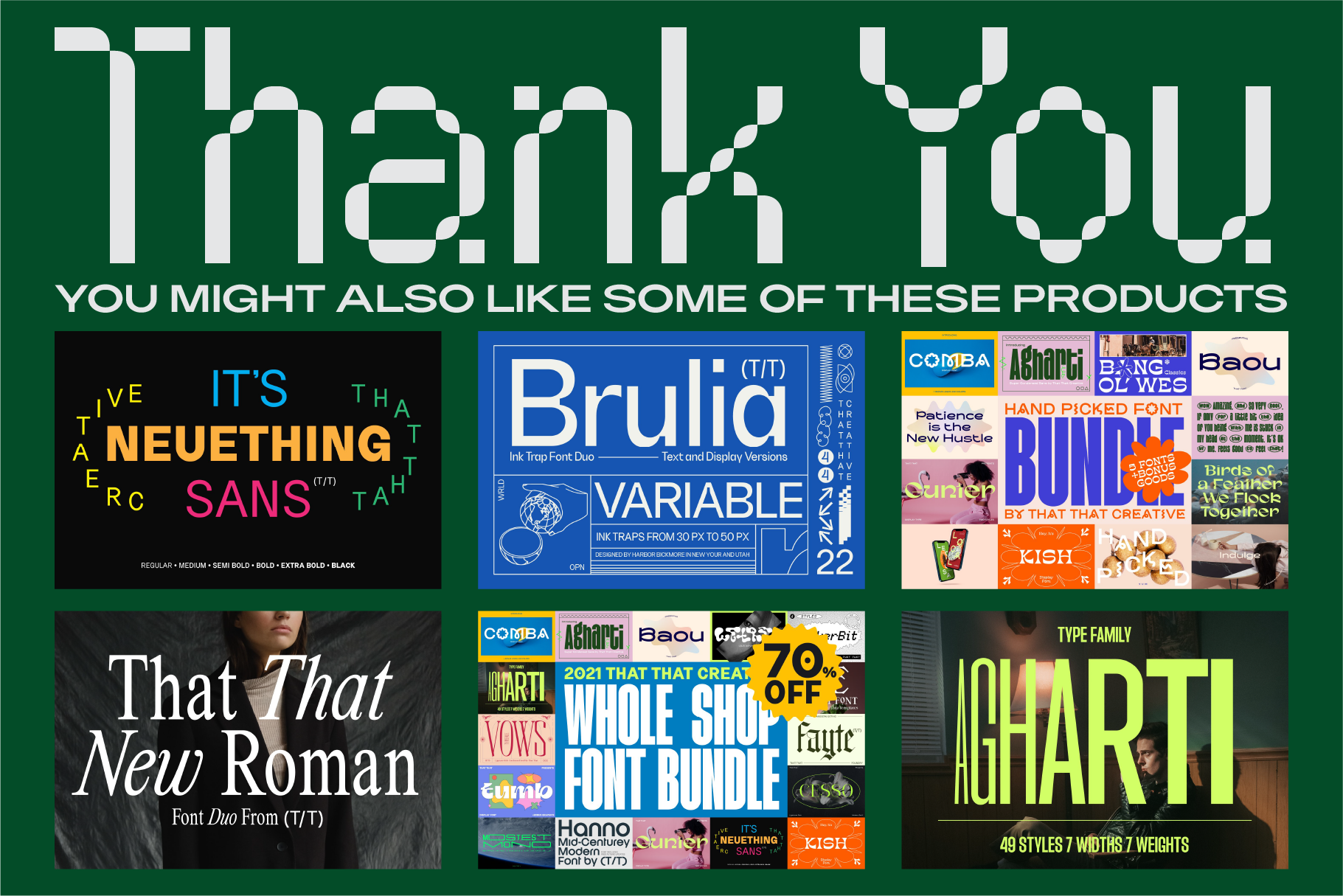 Thank you page featuring various digital font designs and typeface bundles. Keywords: fonts, typography, graphic design, templates, digital assets.