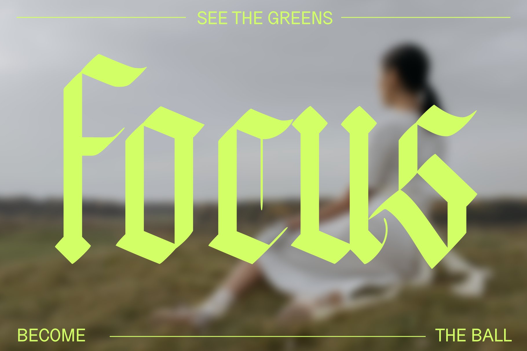 Digital asset featuring a gothic-style font reading Focus in neon green over a blurred field landscape background perfect for graphic design projects.