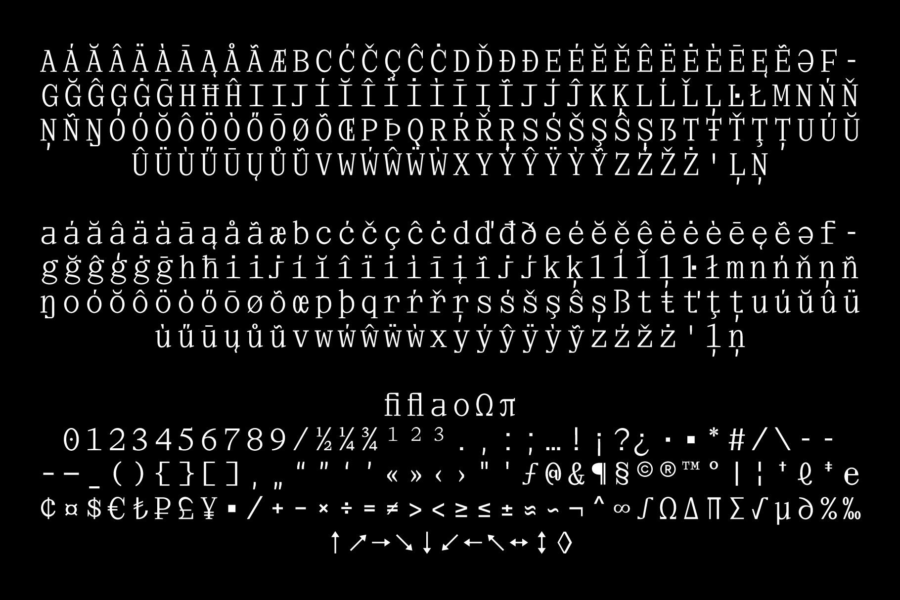 Elegant serif typeface displaying upper and lowercase letters with special characters and numerals on a black background. Perfect for design templates.