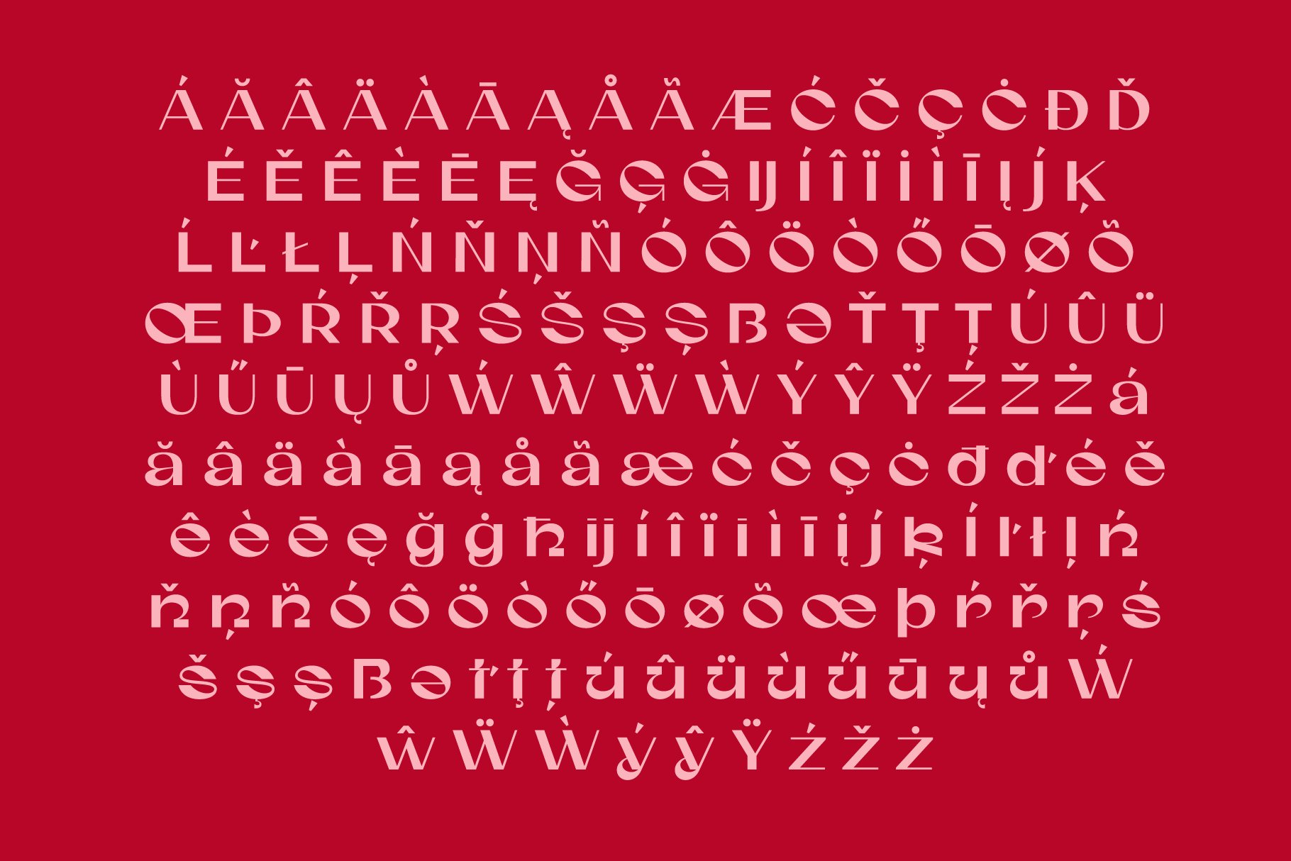 Elegant red font showcasing accented Latin alphabet characters for typography projects. Ideal for designers seeking unique graphic or template design assets.