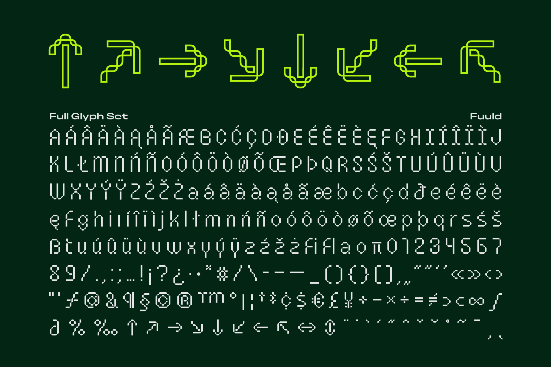Modern display font with full glyph set on dark green background. Ideal for graphic designers seeking unique typography, alphabet, and font templates.