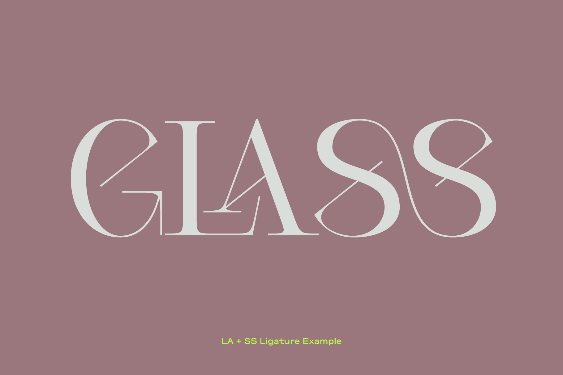 Stylish serif font display with unique ligatures spelling glass. Ideal for designers seeking elegant typography assets. Perfect for creative projects.
