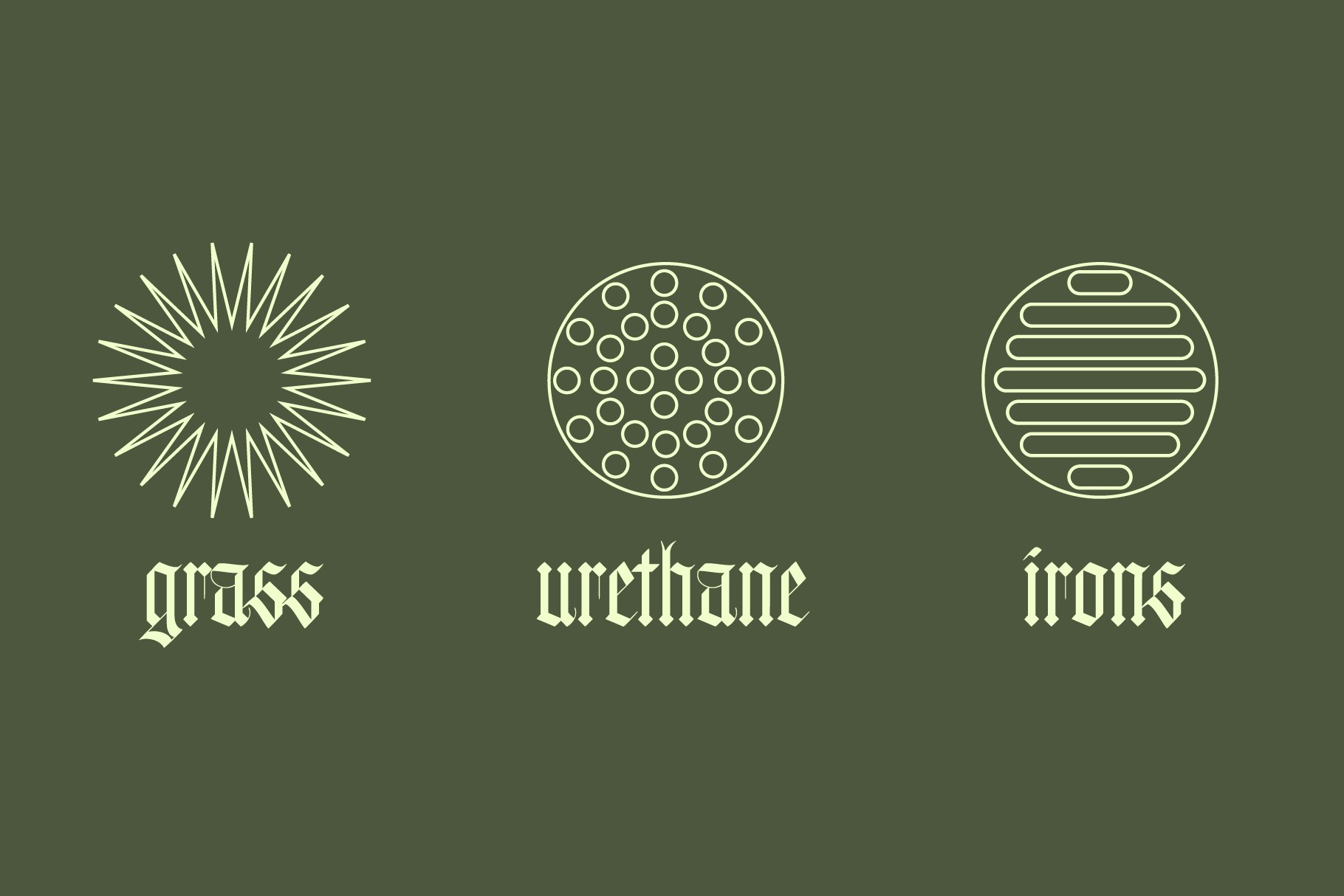 Minimalist graphic set with line art circles representing grass urethane and irons in retro serif font. Ideal for mockups templates and design assets.