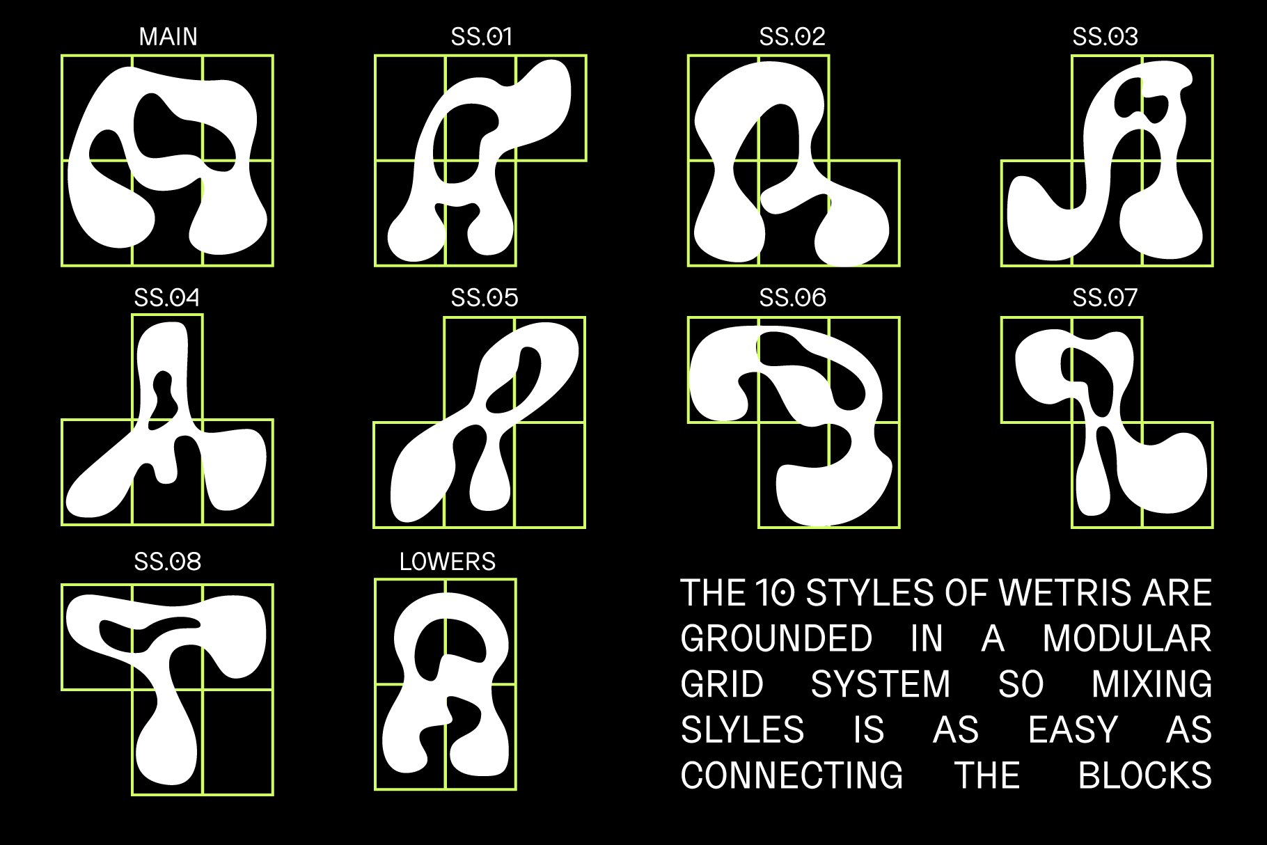 Abstract font designs using modular grid shapes. Includes text detailing the grid system for easy mixing. Ideal for graphic design templates.