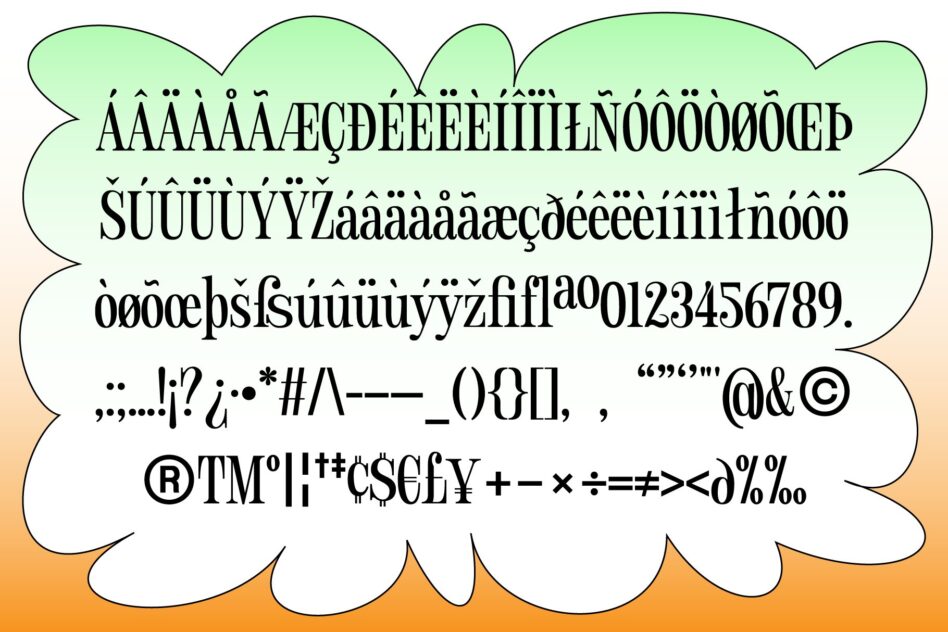 Serif font showing accented characters, numbers, symbols on gradient