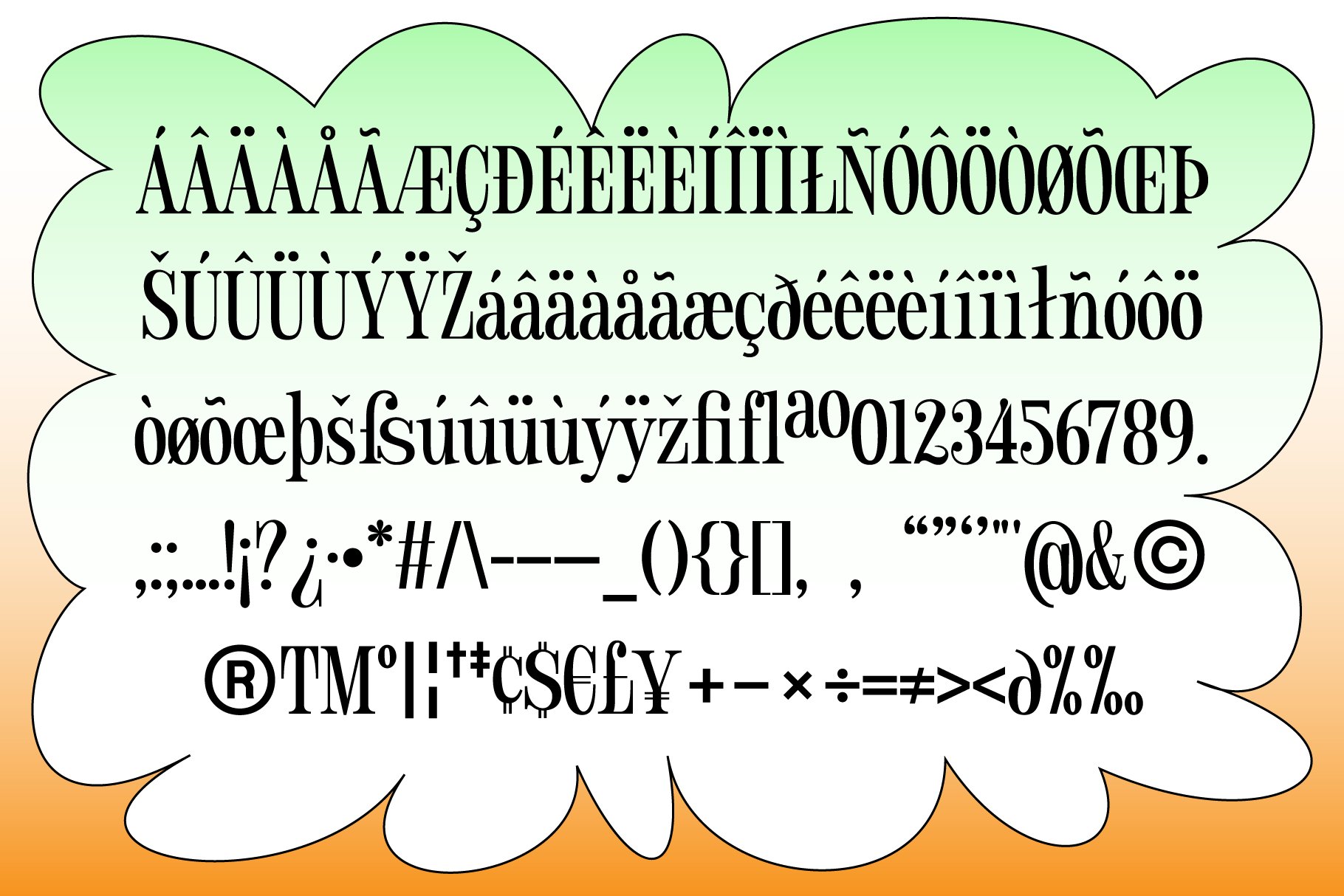 Font showcase with diverse characters including letters numbers and symbols on a gradient background SEO keywords typography digital assets design.