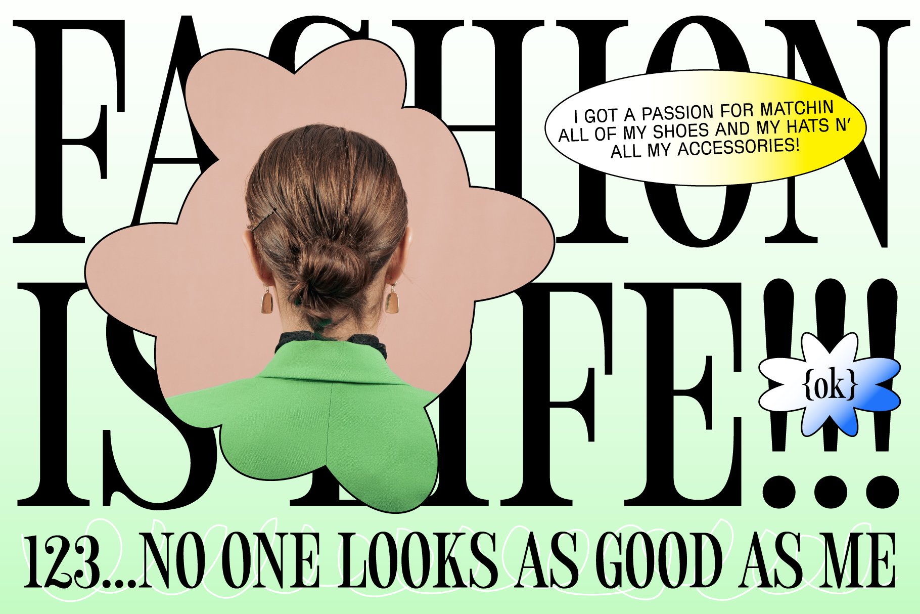 Fashion graphic poster featuring woman in green jacket and intricate text layout. Keywords: design template, fashion mockup, creative typography, style.