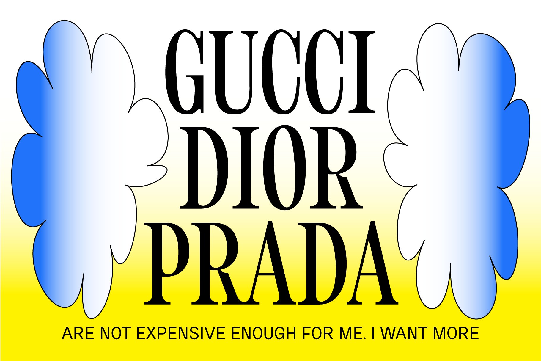 Colorful text graphic with designer brand names Gucci Dior Prada in bold black font. Blue flower motifs and a yellow gradient background. Ideal for fashion design.