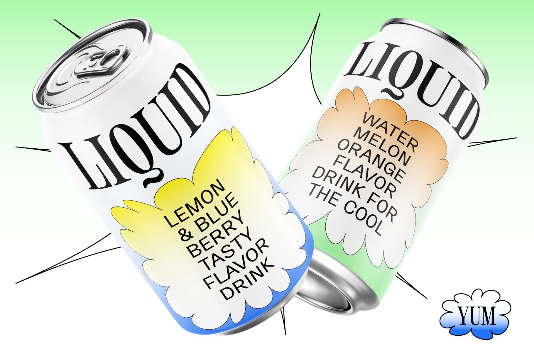 Digital mockup of two canned beverages with vibrant labels showcasing lemon blueberry and watermelon orange flavors on a pastel gradient background.