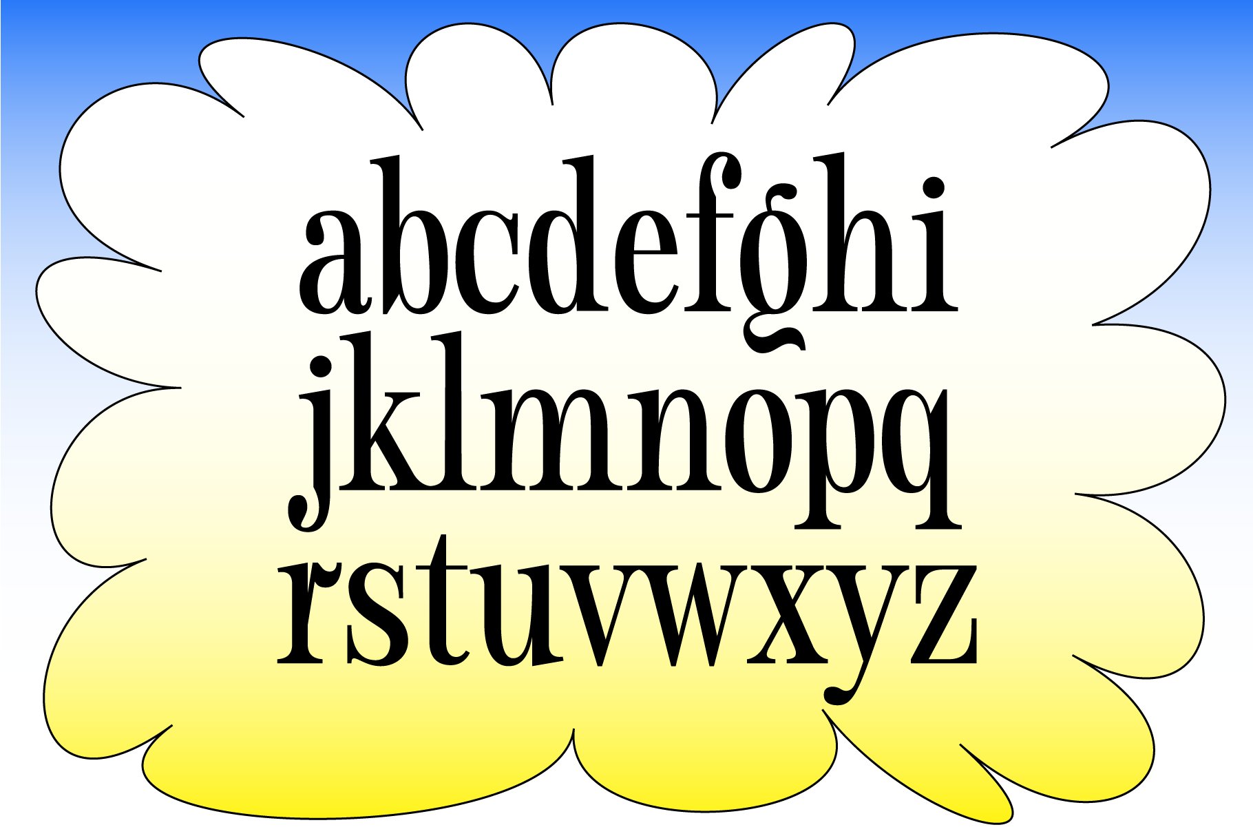 Playful serif font alphabet showcased on a gradient blue to yellow background perfect for enhancing creative design projects fonts graphic design.