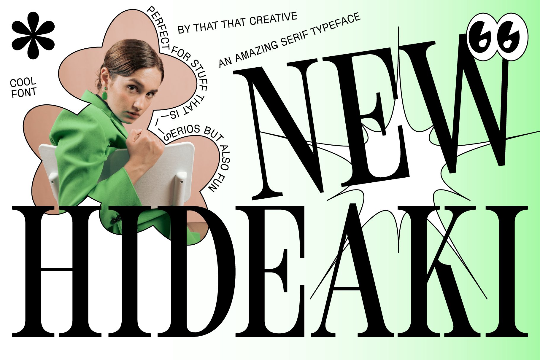Bold New Hideaki font poster featuring a stylish woman in a green jacket. Ideal serif typeface for designers seeking creative typography options.
