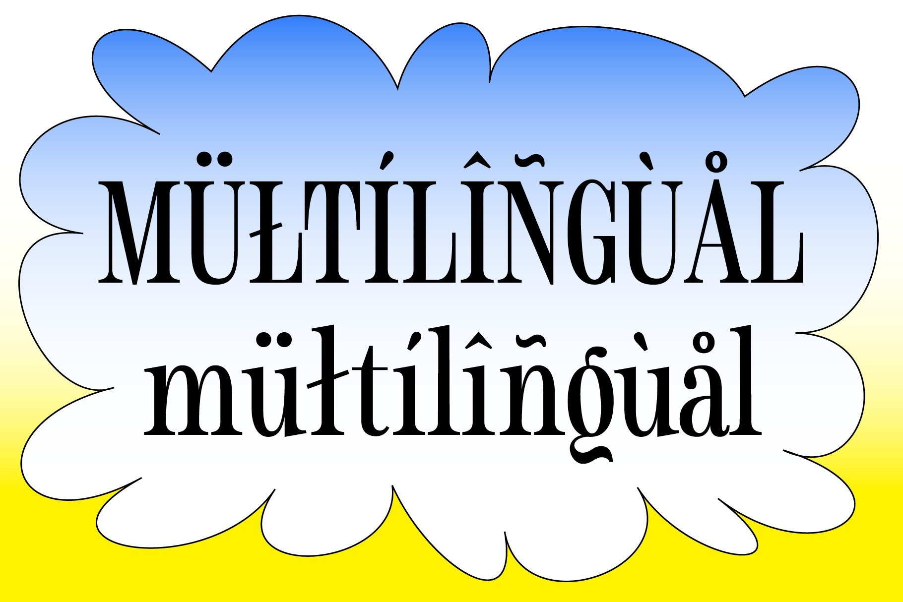Multilingual font design with decorative accents in blue gradient cloud on yellow background. Perfect for graphics and templates for designers.