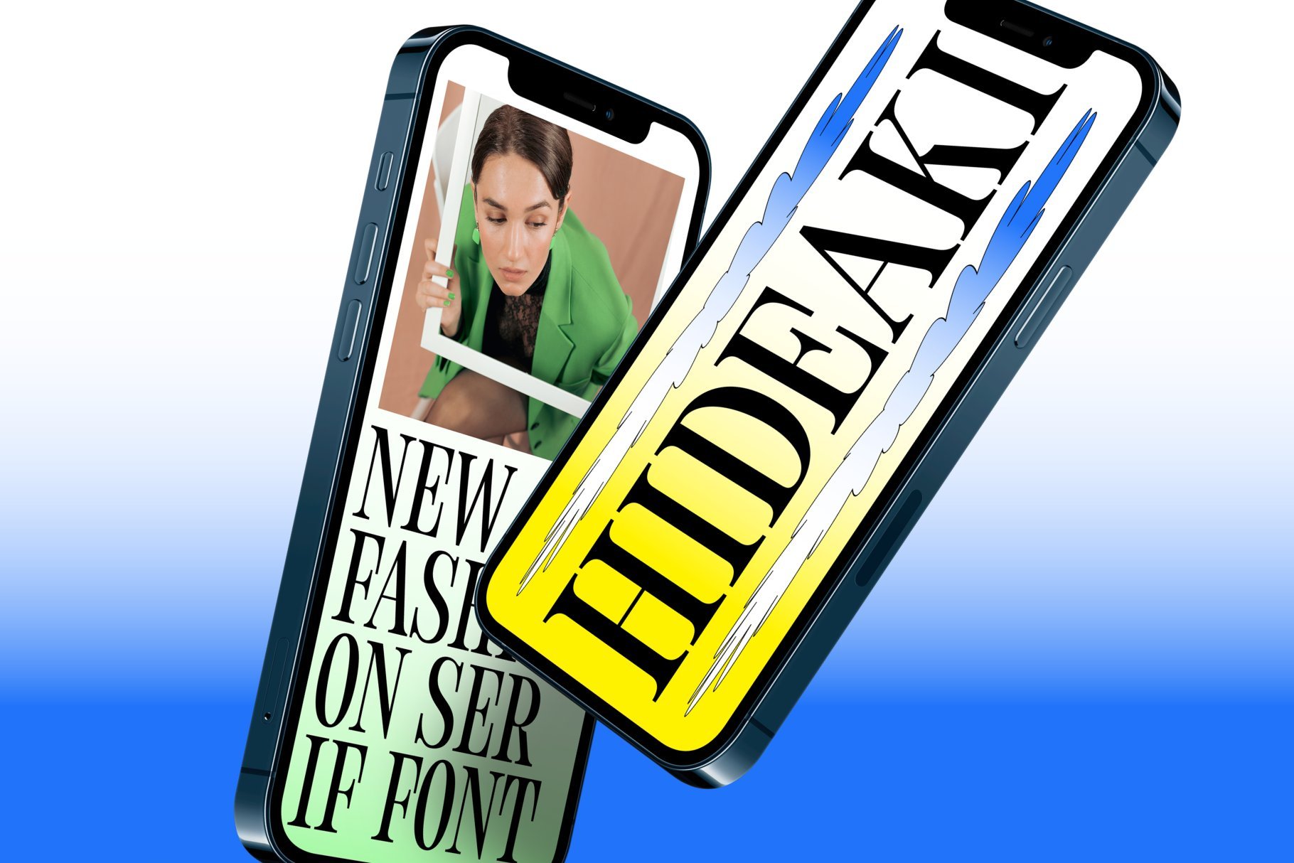 Mobile phone mockup showcasing a fashionable serif font with vibrant gradients. Perfect for design presentations and typography projects.