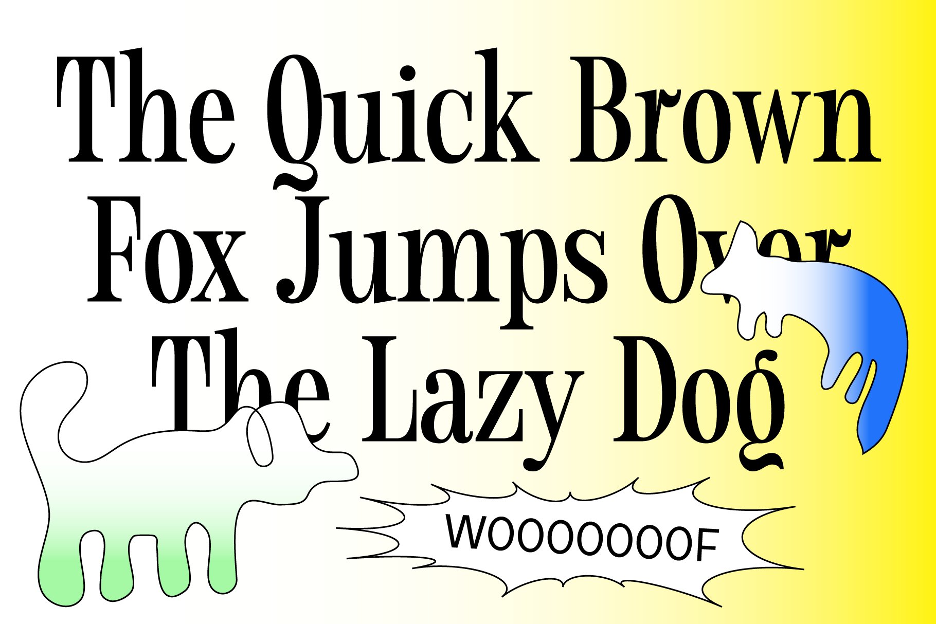 Bold serif font showcasing The Quick Brown Fox Jumps Over The Lazy Dog with colorful illustrations of a dog and fox for graphic design and typography.