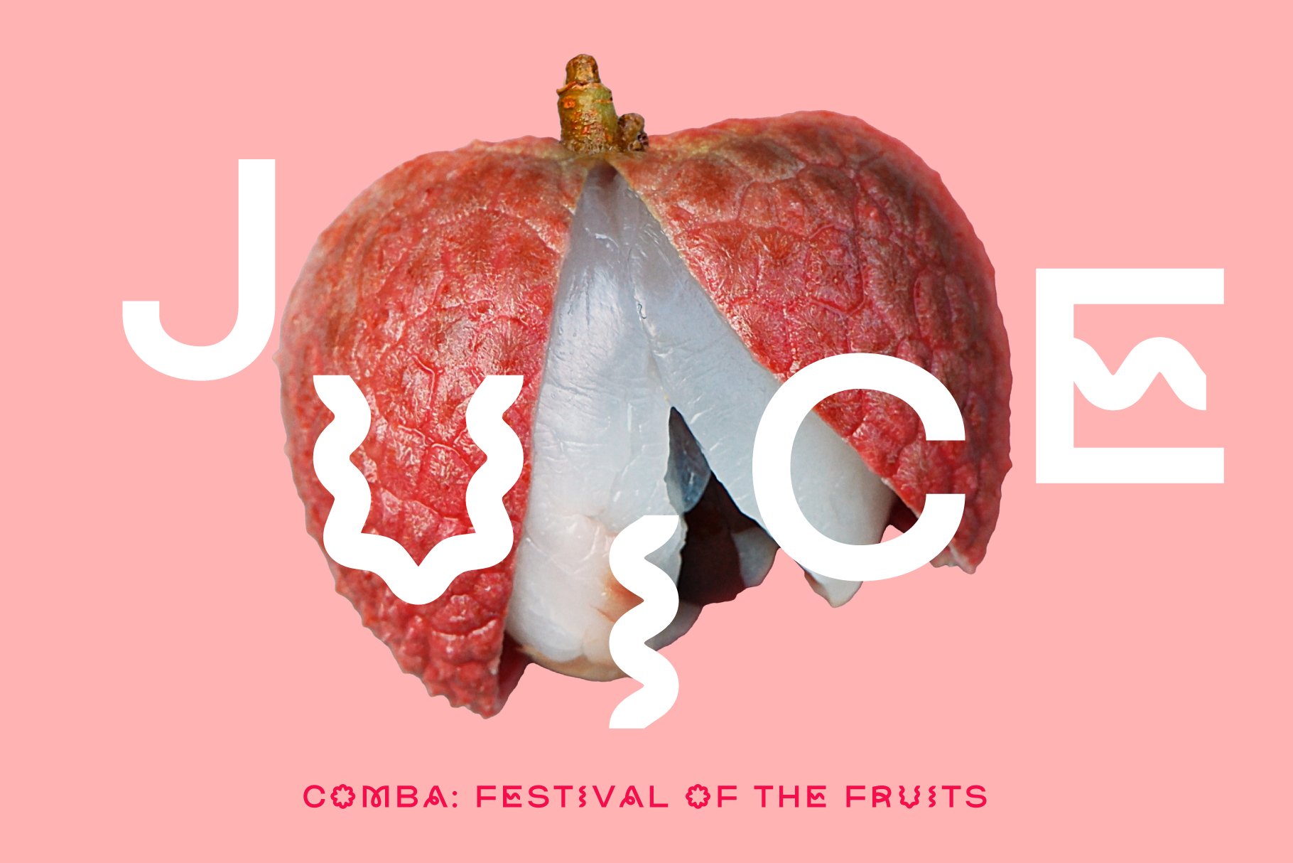 Lychee design with abstract text elements on pink background. Ideal for modern design projects or templates. Keywords: fruit, abstract, modern design.