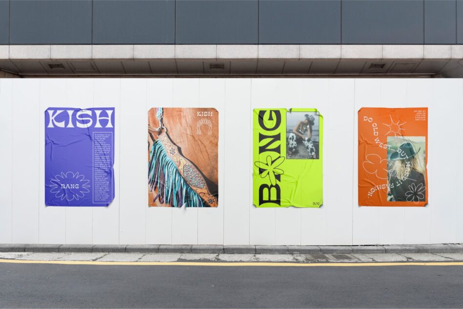 Four colorful branded posters mounted on white wall with cowboy culture imagery
