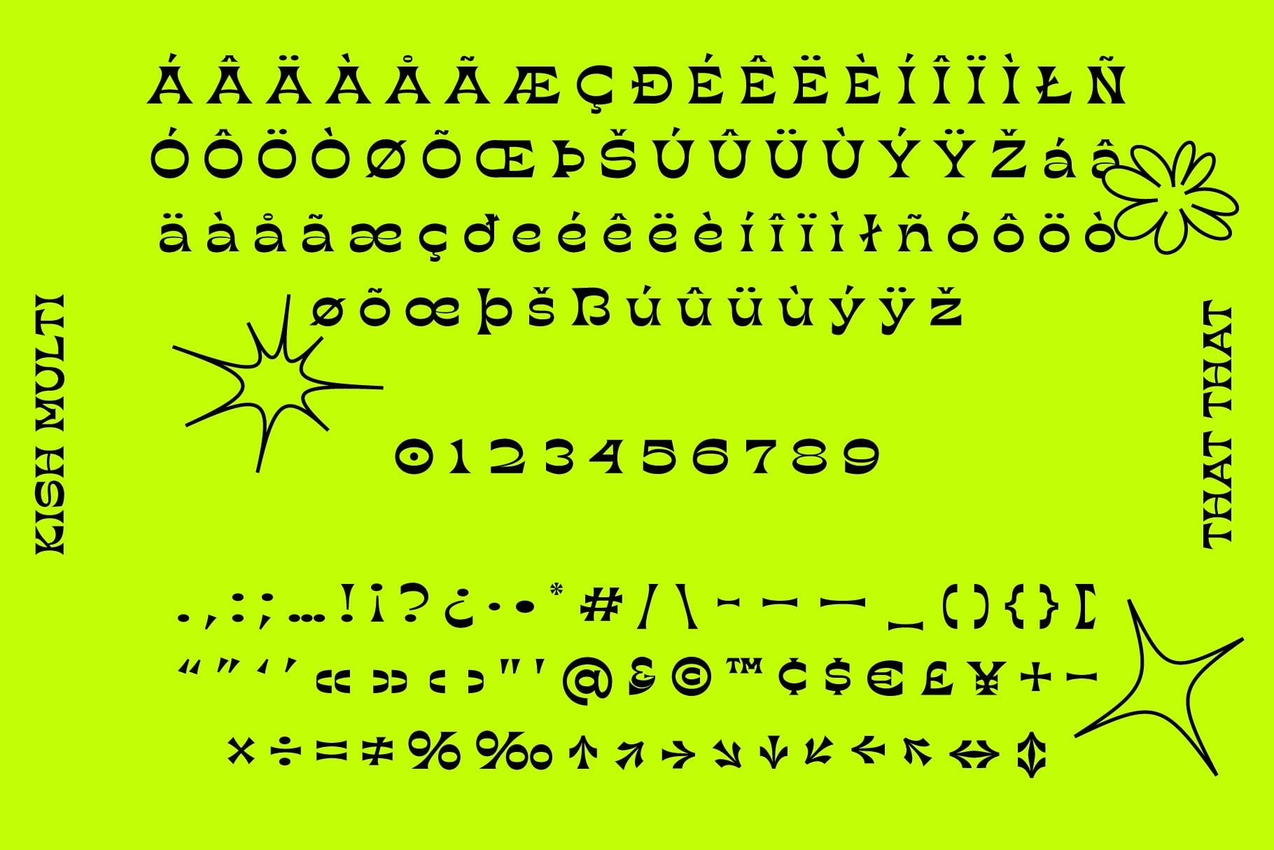 Neon yellow typeface sheet showing extensive character set with accents, numbers, symbols
