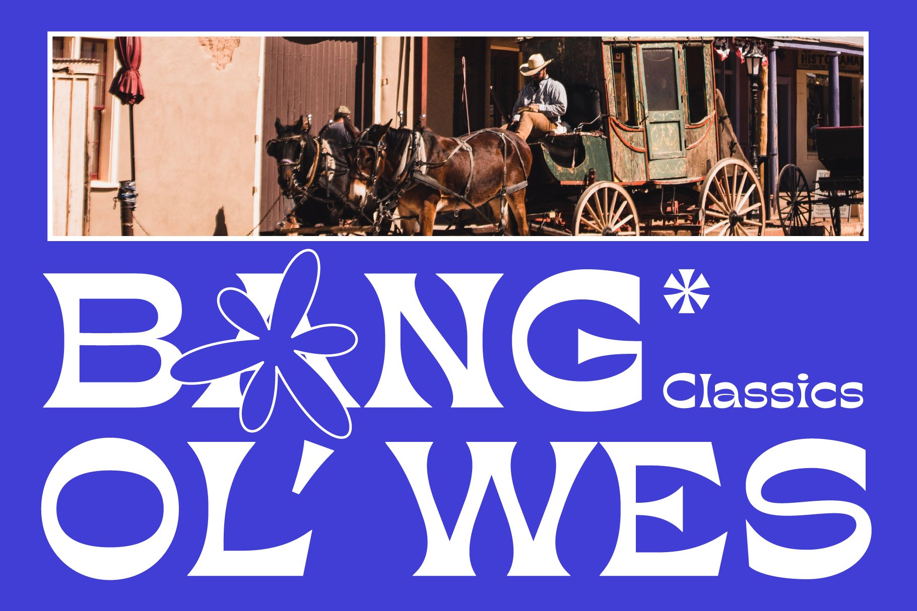 Horse wagon with ornate wooden wheels framed in blue banner below Bling Classics text