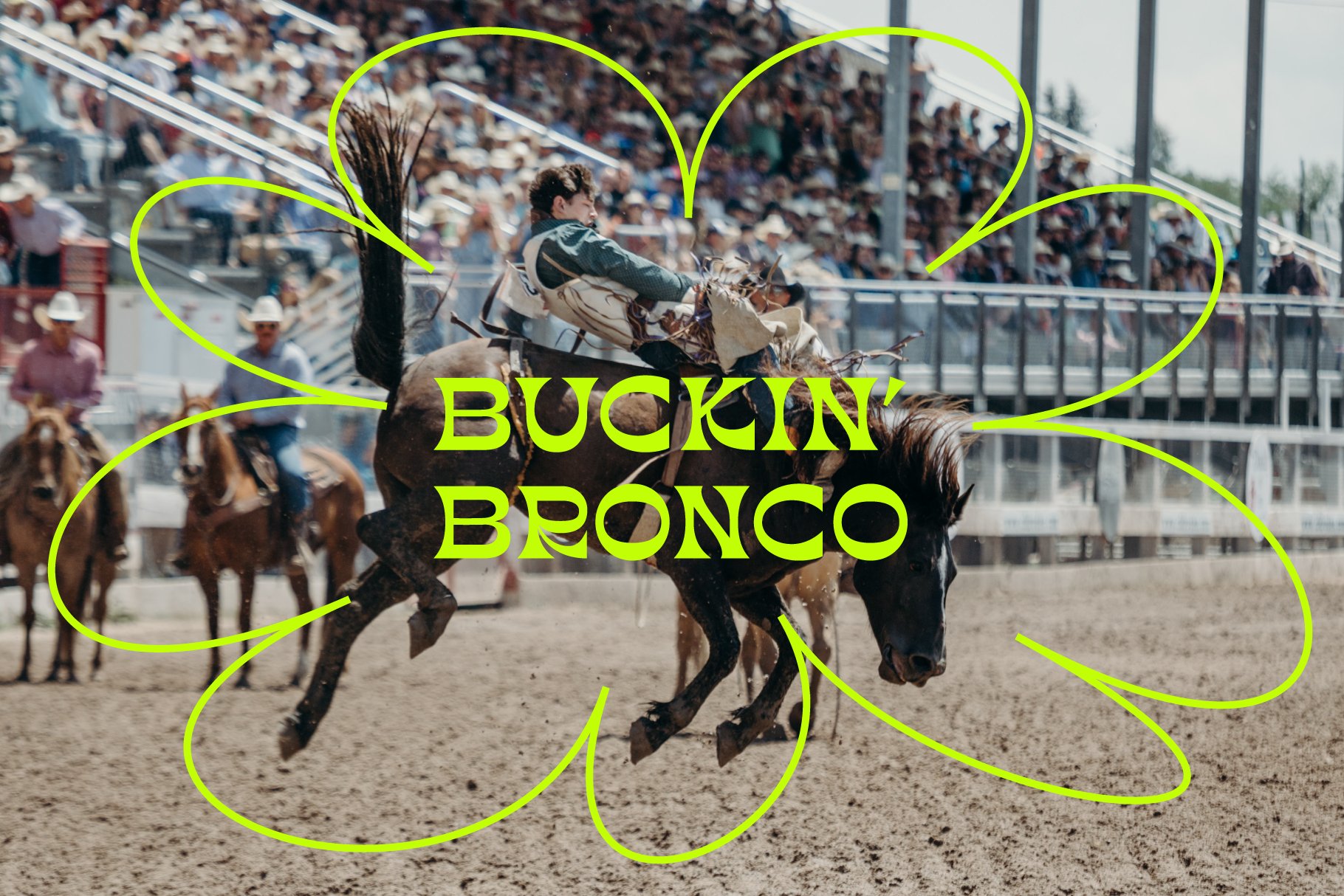 Rodeo rider on bucking bronco with neon flower outline at packed stadium