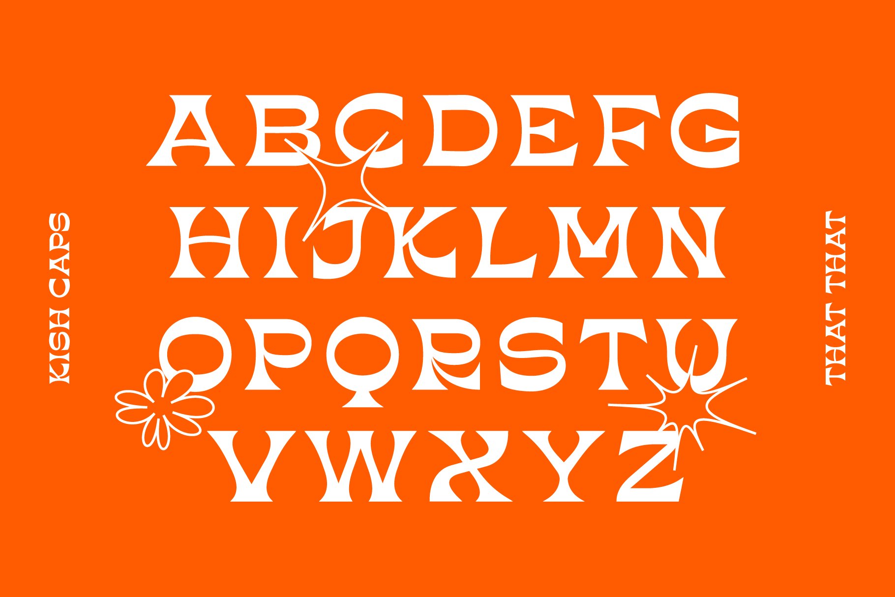 Bold serif font displaying full alphabet with decorative flourishes on bright orange