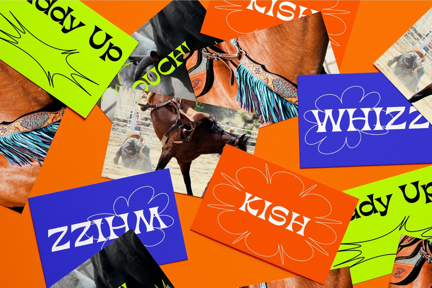 Colorful branded cards scattered over western horse tack imagery with neon accents