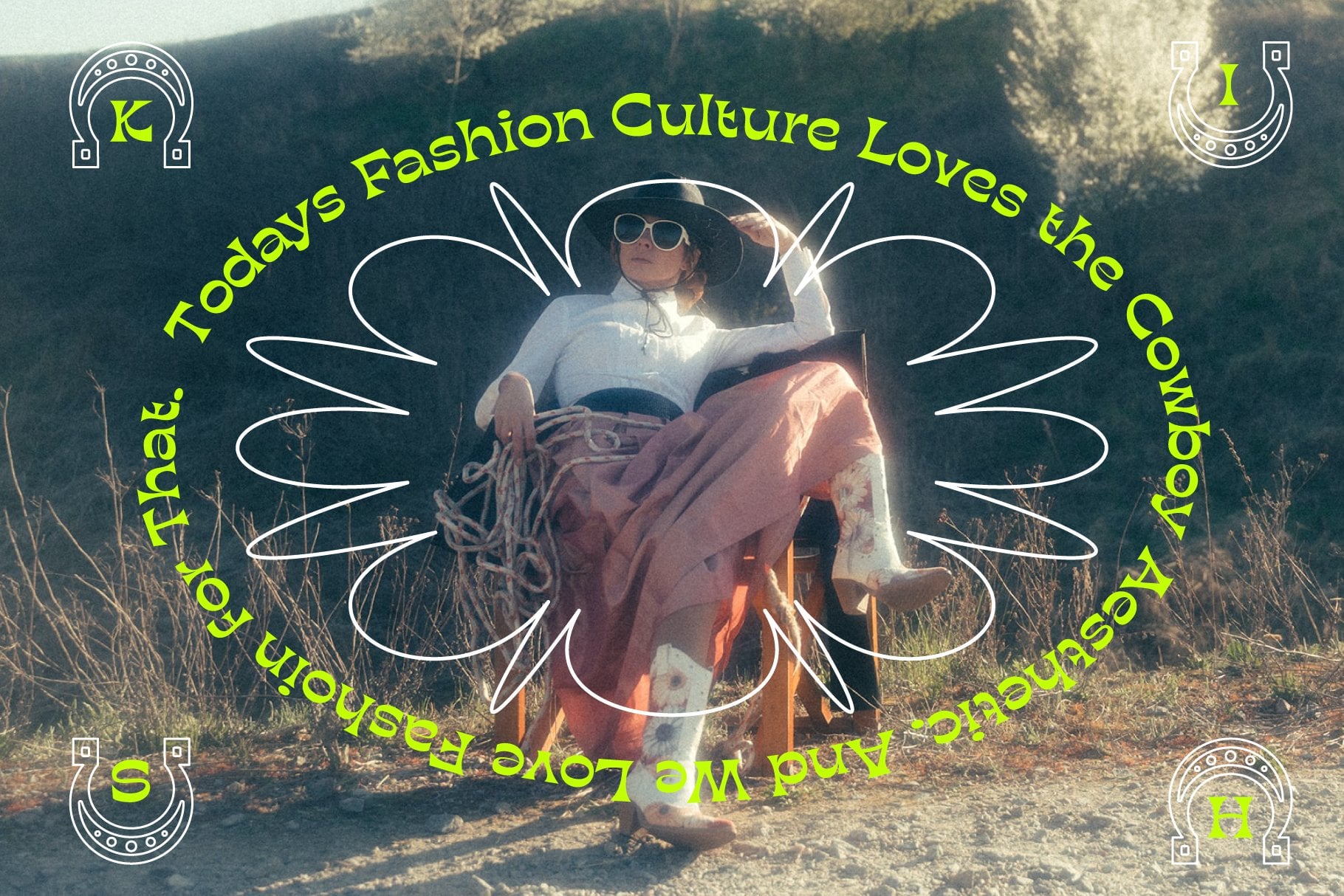 Woman in cowboy hat sitting in desert with neon circular text overlay on fashion culture
