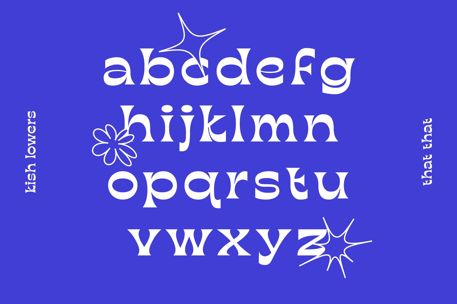 Playful serif font display on royal blue with decorative flower motifs in corners, uppercase lowercase demo