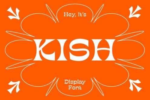 Bright orange display showcasing a stylish serif font titled Kish ideal for bold and creative design projects targeted at graphic designers seeking unique fonts.
