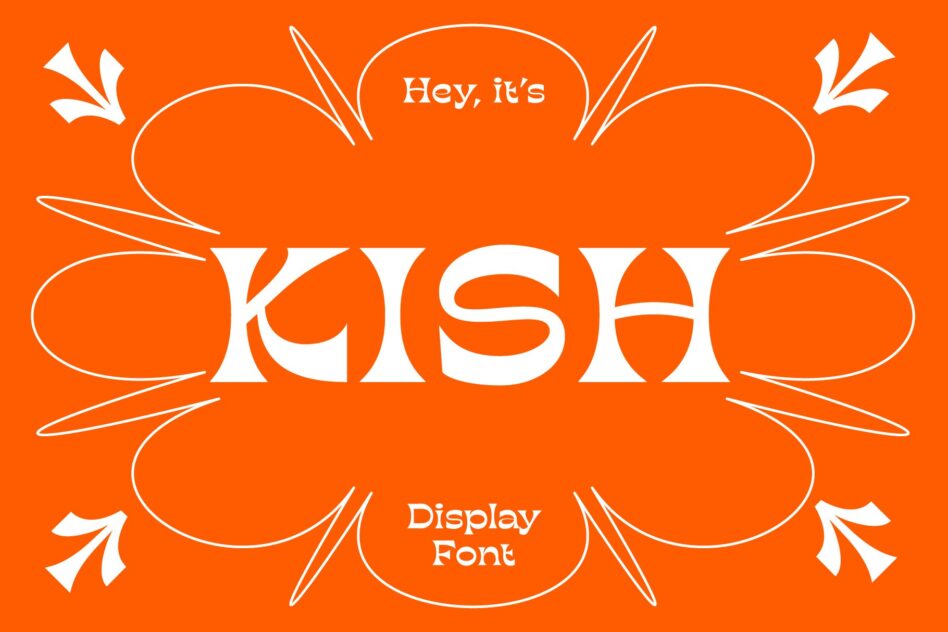 Large orange display font surrounded by sketch style decorative elements on solid background