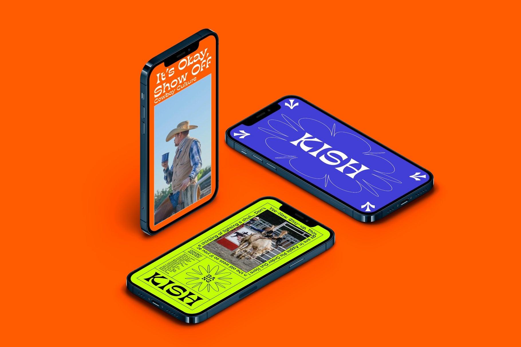 Three isometric phone mockups on orange showing colorful mobile app designs for branding campaign