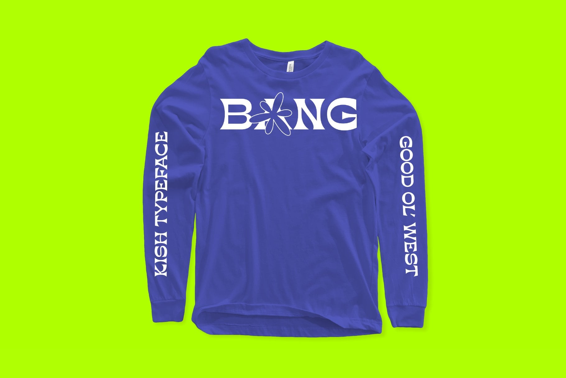 Cobalt blue long sleeve shirt on lime background with BING logo, sleeve text reads Kish Typeface