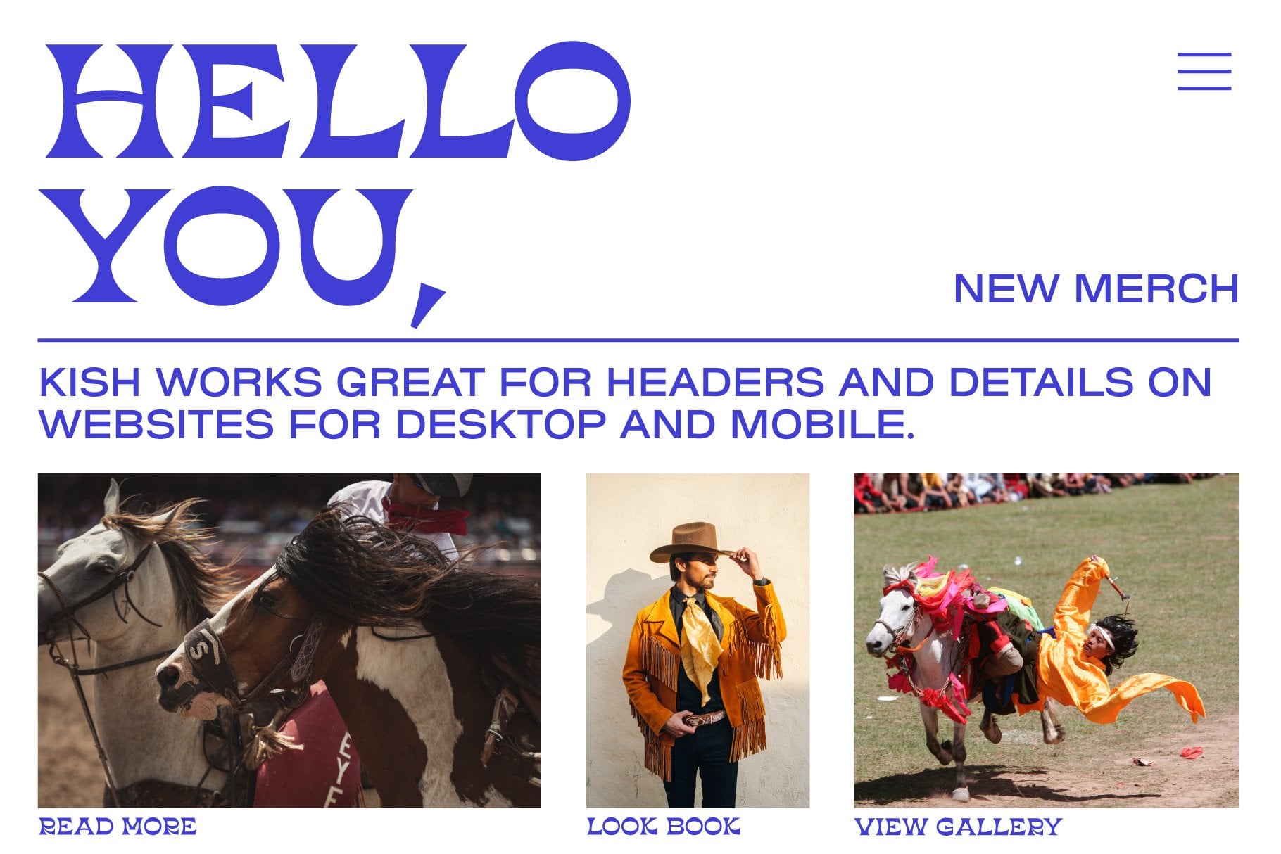 Blue serif typeface Hello You with three lifestyle photos showing horse rider, western outfit, polo player