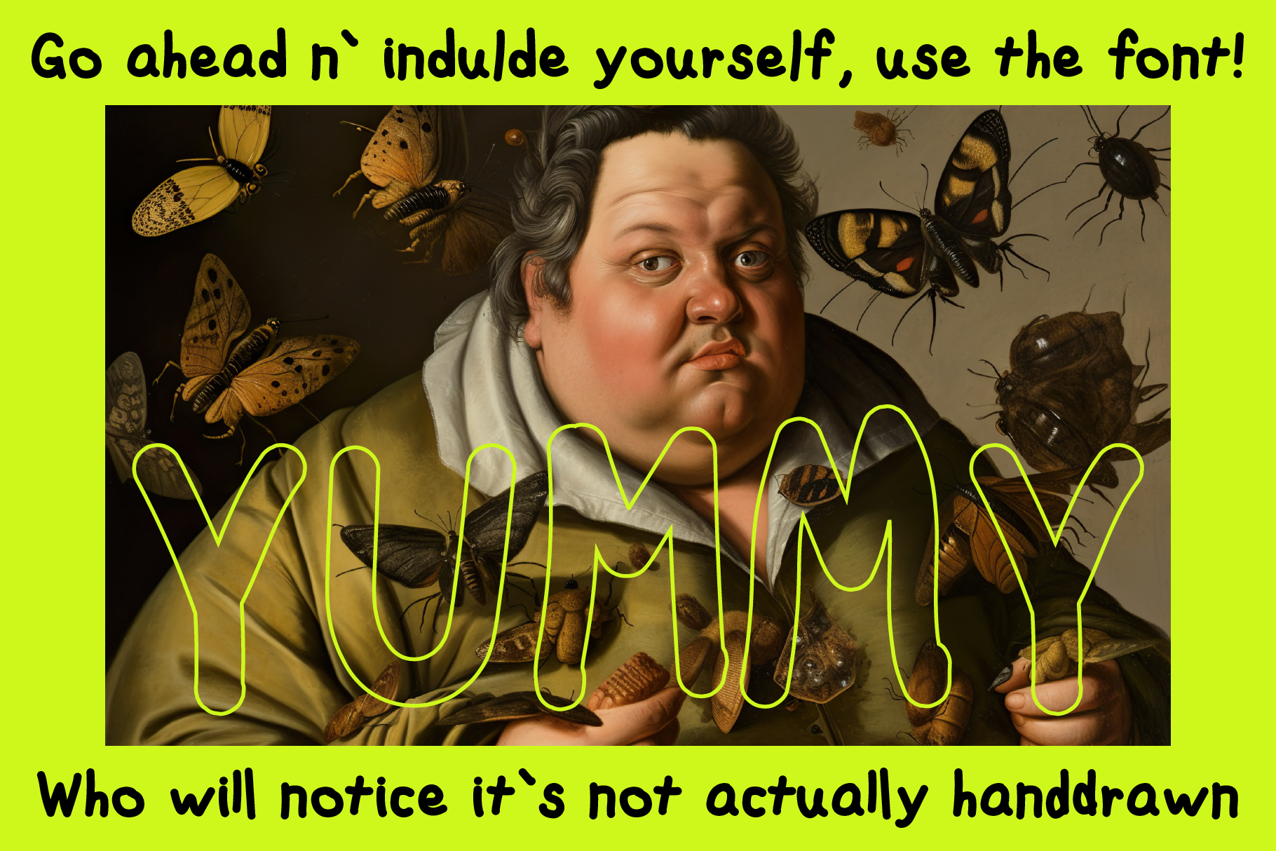 Portrait with butterflies and bold decorative text YUMMY. Unique design for designers. Digital font asset, hand-drawn style. Ideal for graphic projects.