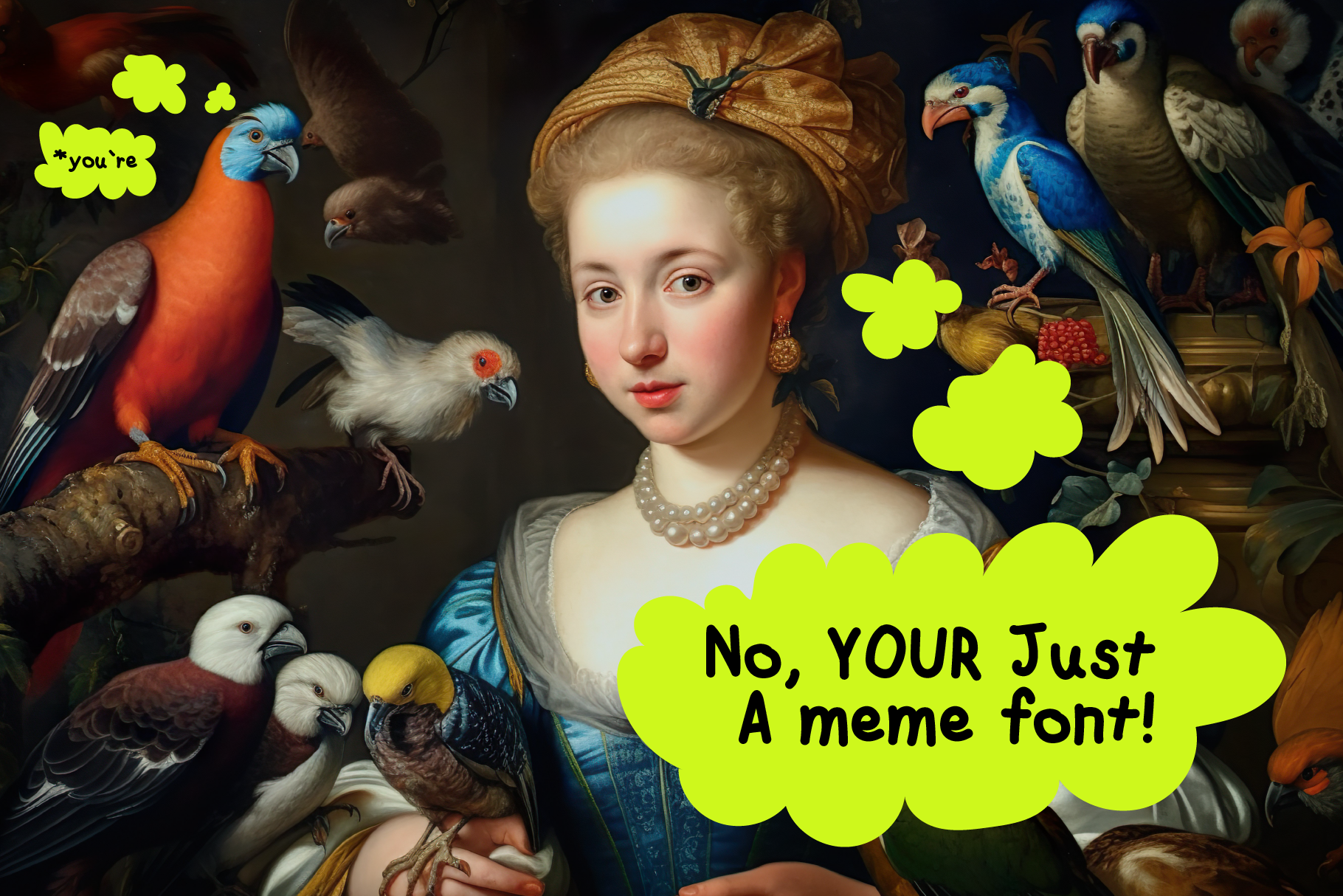 Vintage portrait scene with a woman and birds using modern meme fonts. Humorous dialogue in neon thought bubbles. Ideal for designers seeking unique graphics.