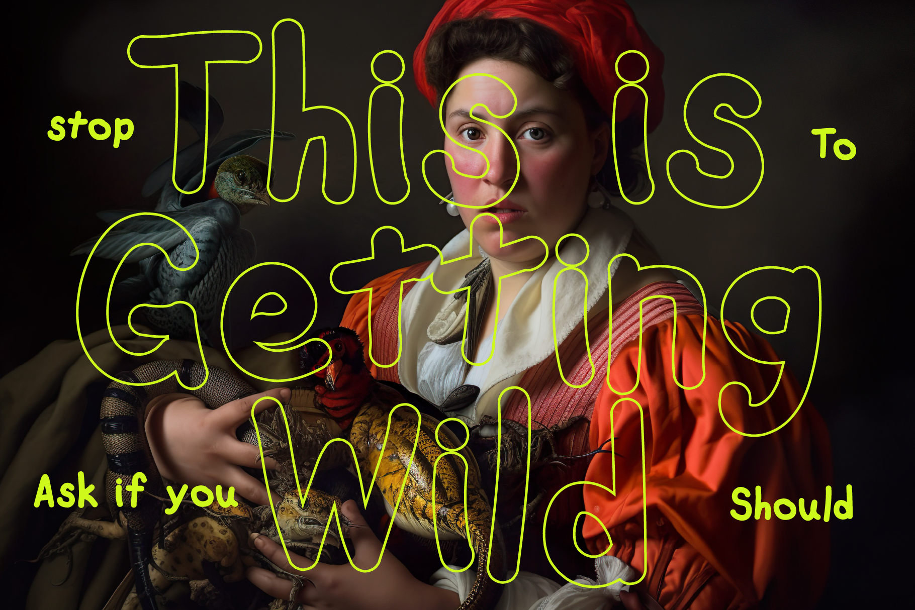 Vintage-style portrait with bold neon text overlay surrounding a person holding vibrant birds. Perfect for graphic designers seeking creative typography.